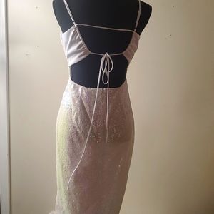 Lucy in the Sky backless white metallic sequin dainty gown dress.size large.